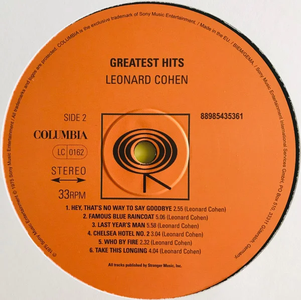 Leonard Cohen — Greatest Hits LP