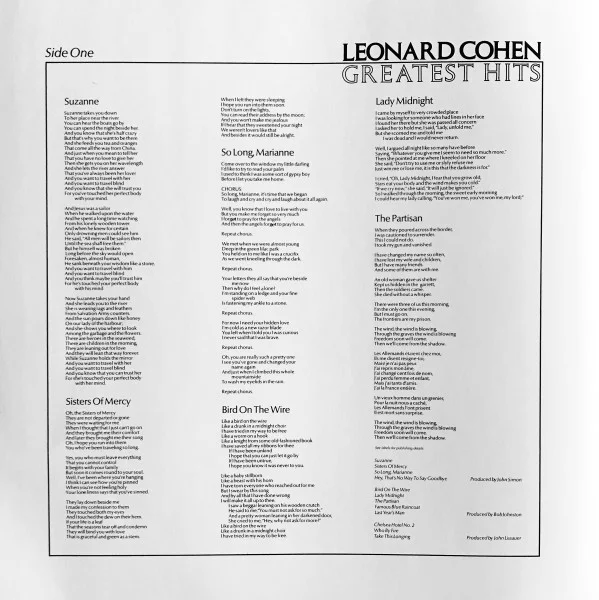 Leonard Cohen — Greatest Hits LP